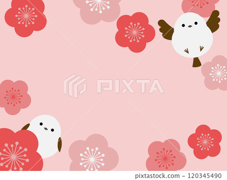 Cute long-tailed tit and plum blossom background 120345490