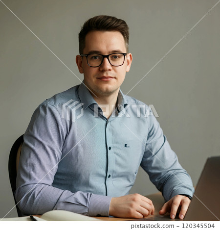 A male employee wearing glasses who is tired from desk work 120345504
