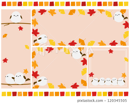 Set of 4 cute long-tailed tits and autumn leaves backgrounds 120345505