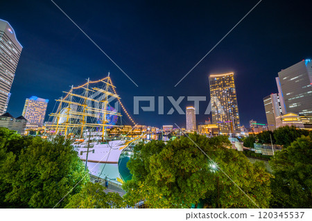 Yokohama cityscape in Japan, overlooking Sakuragicho Station, Nippon Maru, and the Minato Mirai area. A ray of hope for a new era = November 17th 120345537