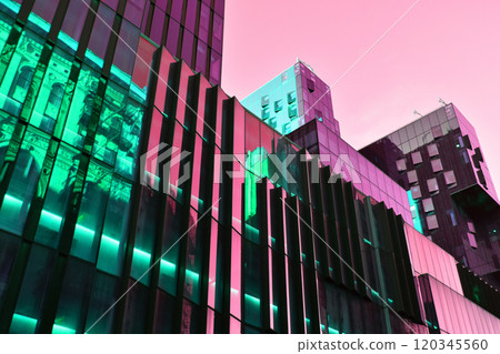 Colorful glass skyscrapers, building facades, minimalistic cityscape, modern architecture 120345560