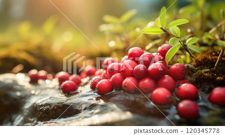Cranberry growing in its natural environment in nature. Close up of red berries with green leaves on a sunny day. Ideal for food and nature related projects Cranberry growing in its natural environment in nature. Close up of red berries with green leaves on a sunny day. Ideal for food and nature related projects 120345778