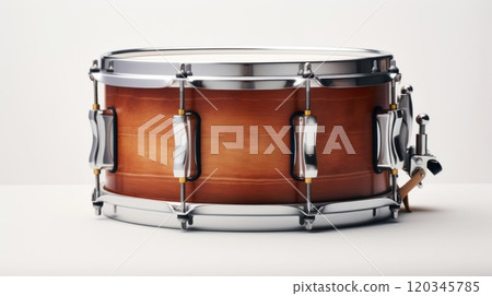 A wooden snare drum with metal hardware isolated on a white background, perfect for music-related projects 120345785