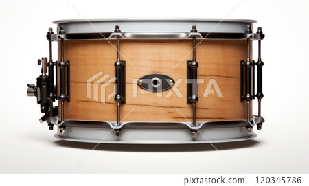 Close-up view of a wooden snare drum with metal hardware, ideal for use in music-themed designs. Isolated on a white background. 120345786