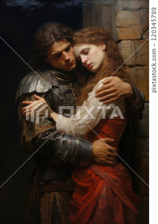Knight and his lady hugging tenderly in medieval castle. Couple in love on romantic date. In style of oil painting. For cover of female romance fantasy historical novel. Valentines Day card 120345789