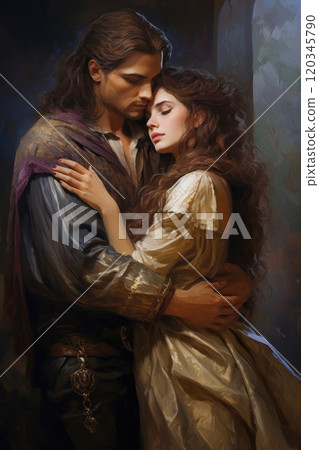 Knight and his lady in tender embrace in a medieval castle. Couple in love on romantic date. In style of oil painting. For cover of female romance fantasy historical novel. Valentines Day card Knight and his lady in tender embrace in a medieval castle. Couple in love on romantic date. In style of oil painting. For cover of female romance fantasy historical novel. Valentines Day card 120345790