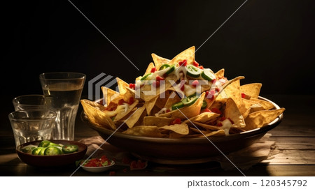 Bowl of nachos on wooden table on dark background. Snack of corn tortilla chips with various additives. Traditional Mexican dish. Ideal for restaurant menu, food blog, cookbook, bar or pub promotion. Bowl of nachos on wooden table on dark background. Snack of corn tortilla chips with various additives. Traditional Mexican dish. Ideal for restaurant menu, food blog, cookbook, bar or pub promotion. 120345792