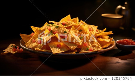 Bowl of nachos on wooden table on dark background. Snack of corn tortilla chips with various additives. Traditional Mexican dish. Ideal for restaurant menu, food blog, cookbook, bar or pub promotions. Bowl of nachos on wooden table on dark background. Snack of corn tortilla chips with various additives. Traditional Mexican dish. Ideal for restaurant menu, food blog, cookbook, bar or pub promotions. 120345794