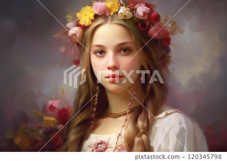 Young Ukrainian woman in national traditional clothes and wreath with flowers. A beautiful lady with a flower crown. In oil painting style. Ideal for art, fashion, beauty themes. Postcard, greeting Young Ukrainian woman in national traditional clothes and wreath with flowers. A beautiful lady with a flower crown. In oil painting style. Ideal for art, fashion, beauty themes. Postcard, greeting 120345798