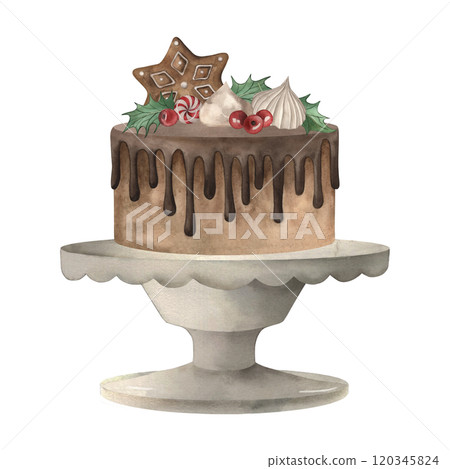 Chocolate cake decorated with sweets, berries and holly leaves, gingerbread on a white ceramic stand. The Christmas, festive dessert is hand-painted in watercolor on a white background. For packaging 120345824