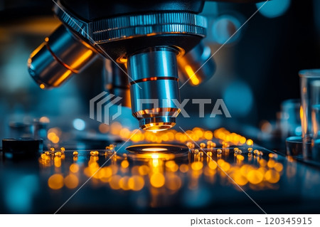 Microscope in laboratory. Science, chemistry, biology and medicine concept 120345915