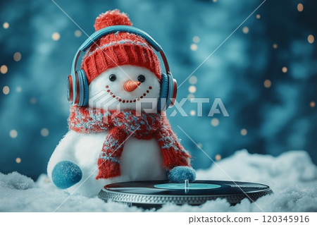 Snowman with headphones and turntable snowy background. Christmas music concept. 120345916