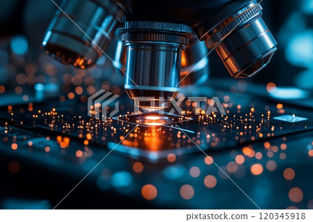 Microscope in laboratory. Science, chemistry, biology and medicine concept 120345918