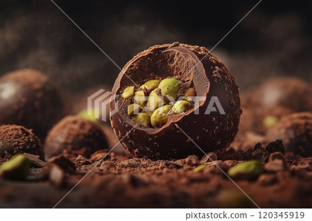 Luxurious Dubai chocolate candy, cracked open to reveal its pistachio filling 120345919