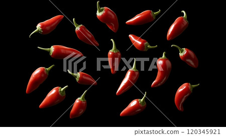 red small hot peppers float on a dark background 120345921