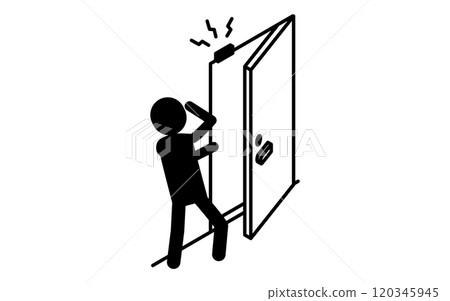 Suspicious person startled by front door alarm, crime prevention and home security black and white isometric icon 120345945