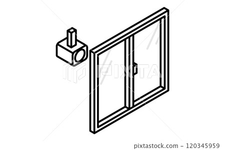 Window with surveillance camera, crime prevention and home security black and white isometric icon 120345959