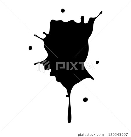 Ink blot. Abstract stain with drops and splashes. Black paint splatter. Vector illustration isolated on a white background. Liquid dirty inkblot. Grunge texture. Design element 120345997