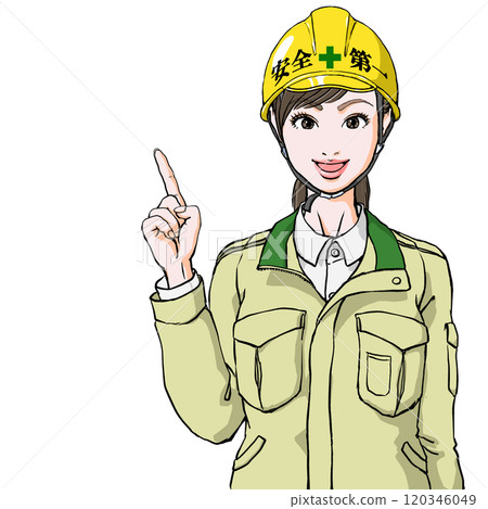 Safety first Young woman in work clothes wearing a helmet _ pointing pose Safety first Young woman in work clothes wearing a helmet _ pointing pose 120346049