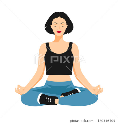 Woman in casual clothes sitting in lotus pose. Meditating girl isolated on white background. Girl doing yoga. Vector illustration 120346105