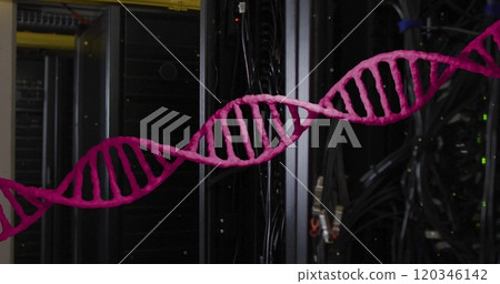 Image of pink dna strand over dark computer servers 120346142