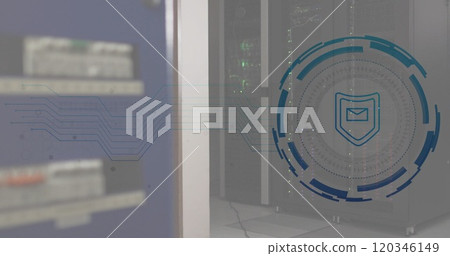 Image of shield and digital data processing over computer servers Image of shield and digital data processing over computer servers 120346149