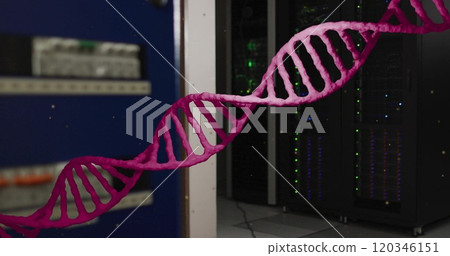 Image of pink dna strand rotating over computer server room 120346151