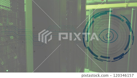 Image of eye icon and digital data processing over computer servers 120346157