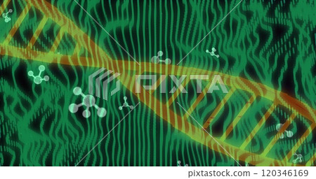 DNA strand and molecular structures over green waves, scientific image 120346169