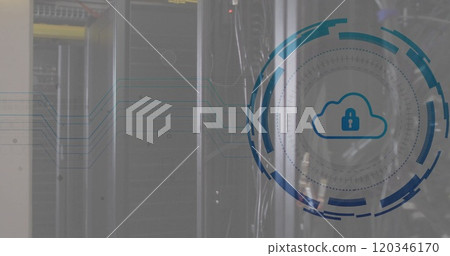Image of padlock, cloud and digital data processing over computer servers Image of padlock, cloud and digital data processing over computer servers 120346170