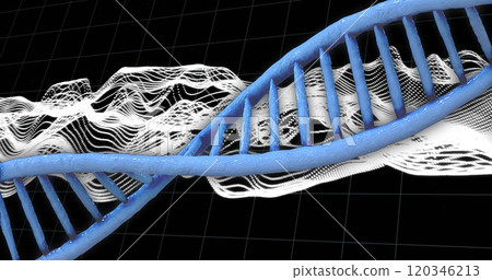DNA strand over dynamic wave patterns and grid background, scientific data visualization 120346213