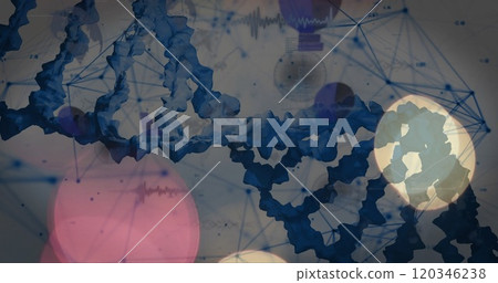 DNA strands and network connections over abstract blue and white shapes DNA strands and network connections over abstract blue and white shapes 120346238