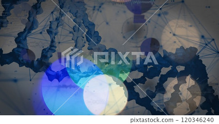DNA strands and network connections over abstract blue and white shapes DNA strands and network connections over abstract blue and white shapes 120346240