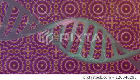 DNA strand and scientific data processing over colorful geometric patterns 120346293