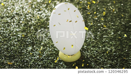Image of confetti over white rugby ball on grass 120346295