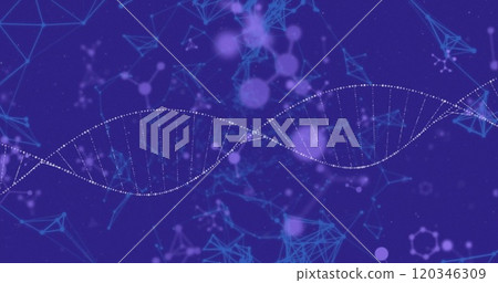 DNA strand image over abstract molecular structures on blue background DNA strand image over abstract molecular structures on blue background 120346309