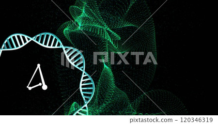 DNA strand and abstract green digital waves, scientific data processing image DNA strand and abstract green digital waves, scientific data processing image 120346319