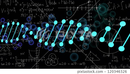 Mathematical equations and graphs with DNA strand image over black background Mathematical equations and graphs with DNA strand image over black background 120346326