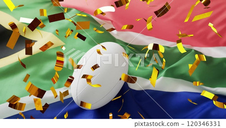 Image of confetti over white rugby ball and flag of south africa 120346331