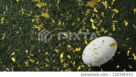 Image of confetti over white rugby ball on grass Image of confetti over white rugby ball on grass 120346333
