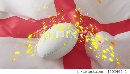 Image of confetti over white rugby ball over flag of england Image of confetti over white rugby ball over flag of england 120346341