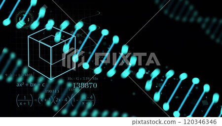 DNA strand and mathematical formulas over black background 120346346