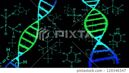 DNA strands and chemical structures, scientific data processing 120346347