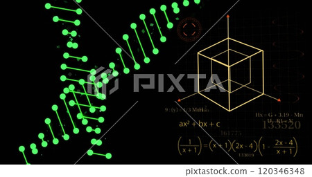 DNA strand and mathematical formulas over geometric shapes and equations 120346348