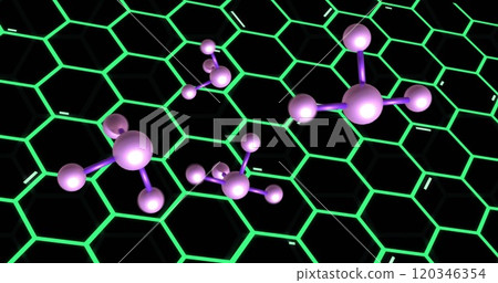 Molecular structures image over glowing green hexagonal grid 120346354