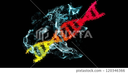 Colorful DNA strand image with particles and smoke effects on black background Colorful DNA strand image with particles and smoke effects on black background 120346366