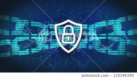 Shield with lock icon and binary code over digital network connections Shield with lock icon and binary code over digital network connections 120346399