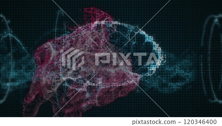 Image of digital brain spinning over shapes moving Image of digital brain spinning over shapes moving 120346400