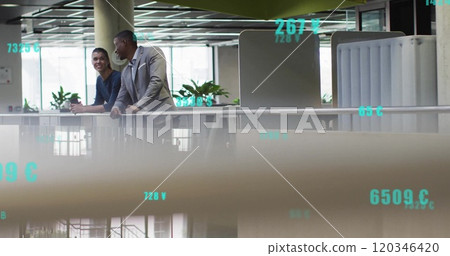 Image of financial data processing over diverse business people in office Image of financial data processing over diverse business people in office 120346420