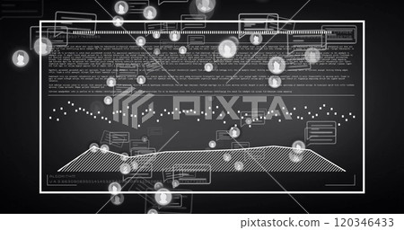Image of media icons over data processing on black background 120346433